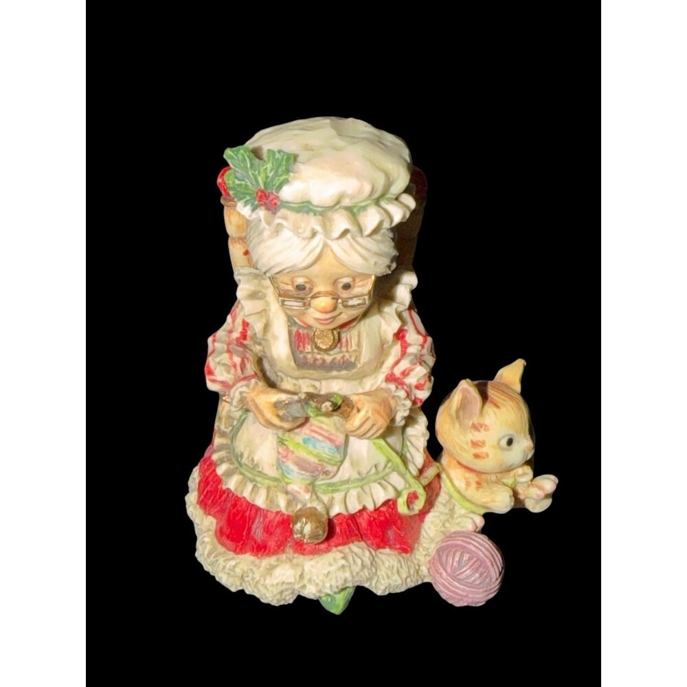 Vtg Enesco Mrs. Claus Knitting With Cat 1987 North Pole Village Sandra Zimnicki